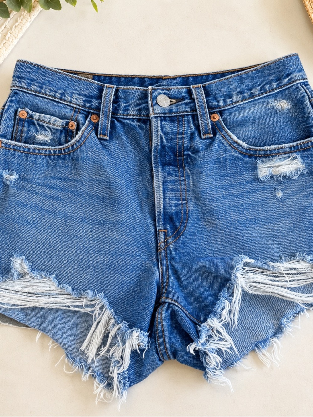 Levi's 501 Medium Blue Distressed Denim Cutoff Shorts W26